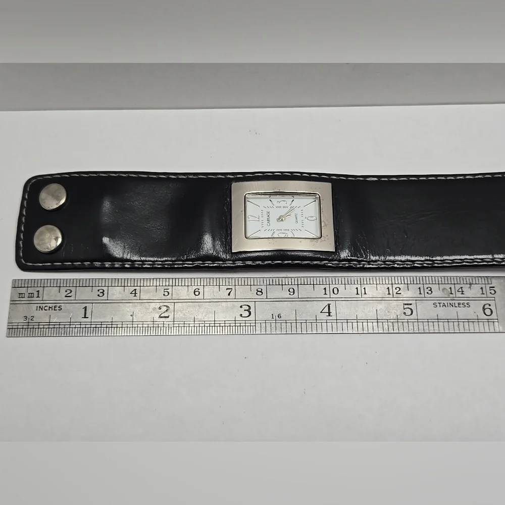 Womens Vintage Carriage Timex Black Leather Cuff Watch New Battery Silver Rare - Picture 8 of 11